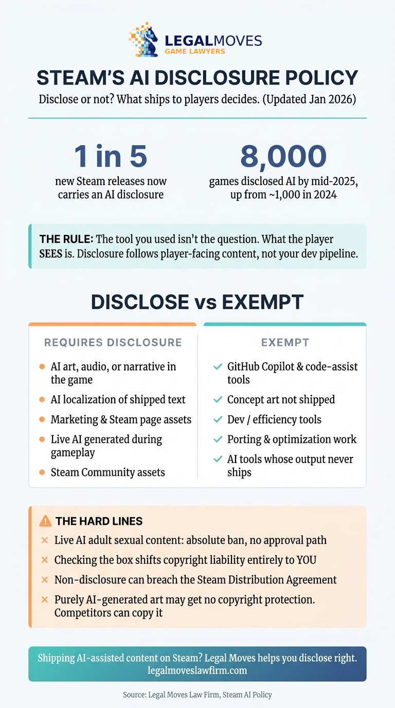Infographic decision guide to Steam's AI disclosure policy: what requires disclosure versus what is exempt, the rule that what players see determines disclosure, and the hard lines on liability and prohibited content