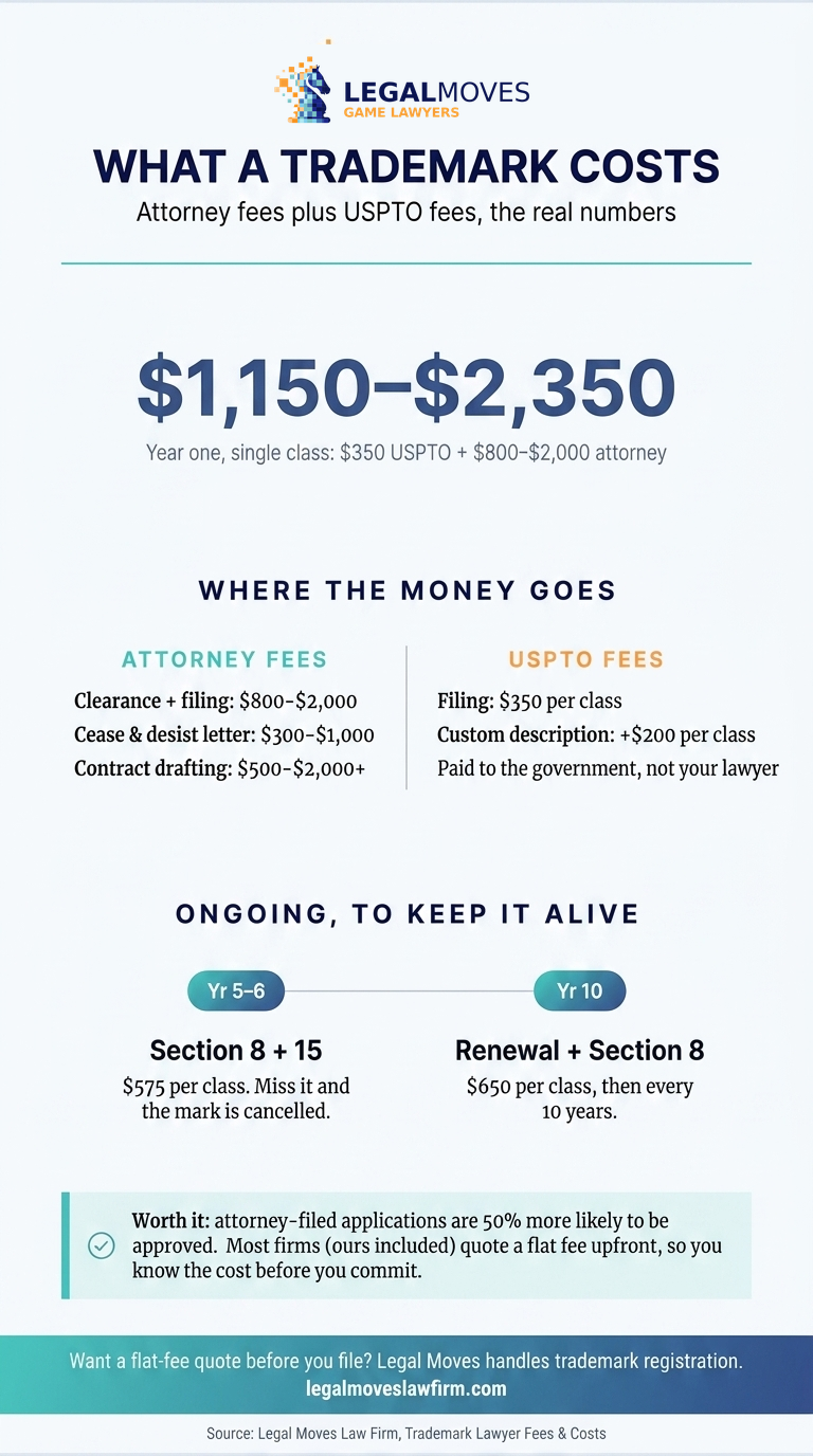 Infographic breaking down what a trademark costs: a year-one total of $1,150 to $2,350, attorney fees versus USPTO filing fees, and ongoing maintenance fees at years 5 and 10