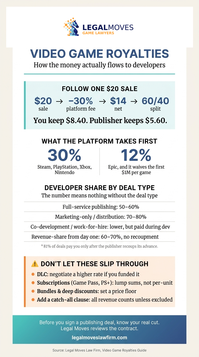 Infographic on how video game royalties work: a single $20 sale split after the platform fee, platform cut comparison, developer share by deal type, and modern revenue streams like DLC and subscriptions